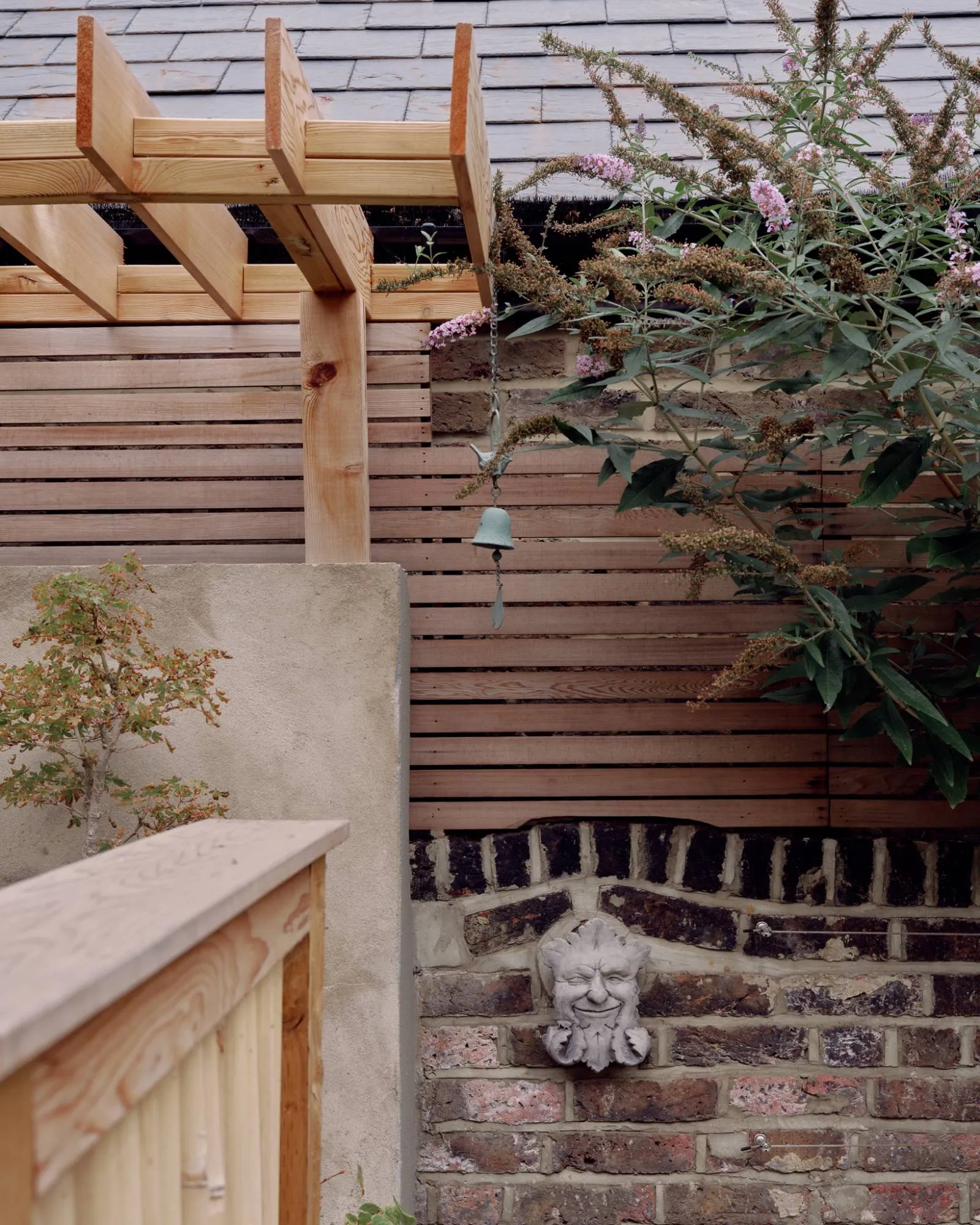 Garden Detail Timber Pergola Slatted Fence and Brick Wall