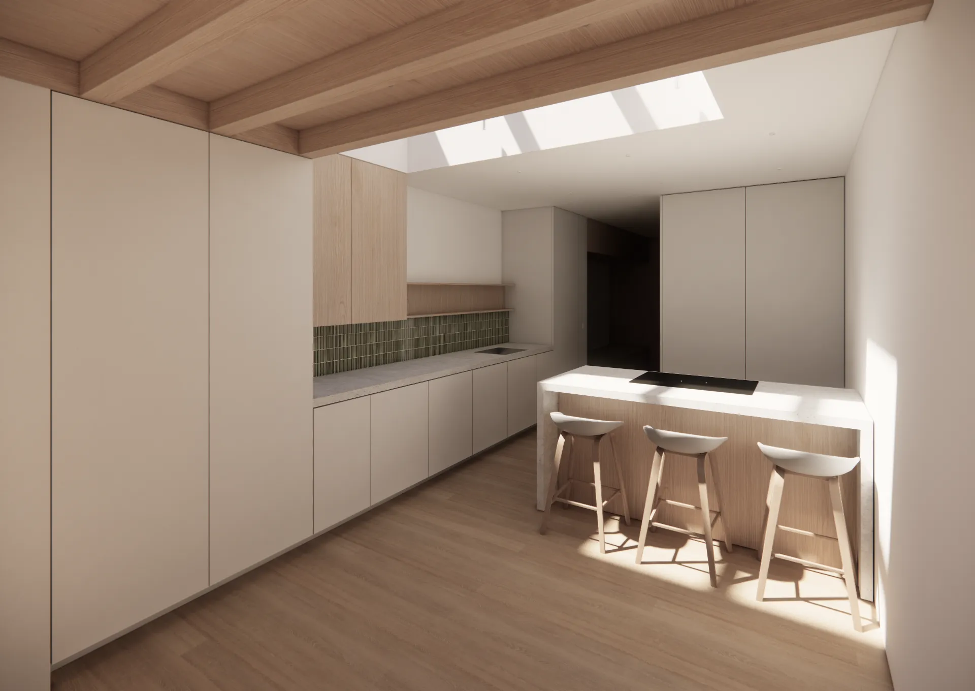 Interior view showing exposed natural materials and kitchen details into skylight