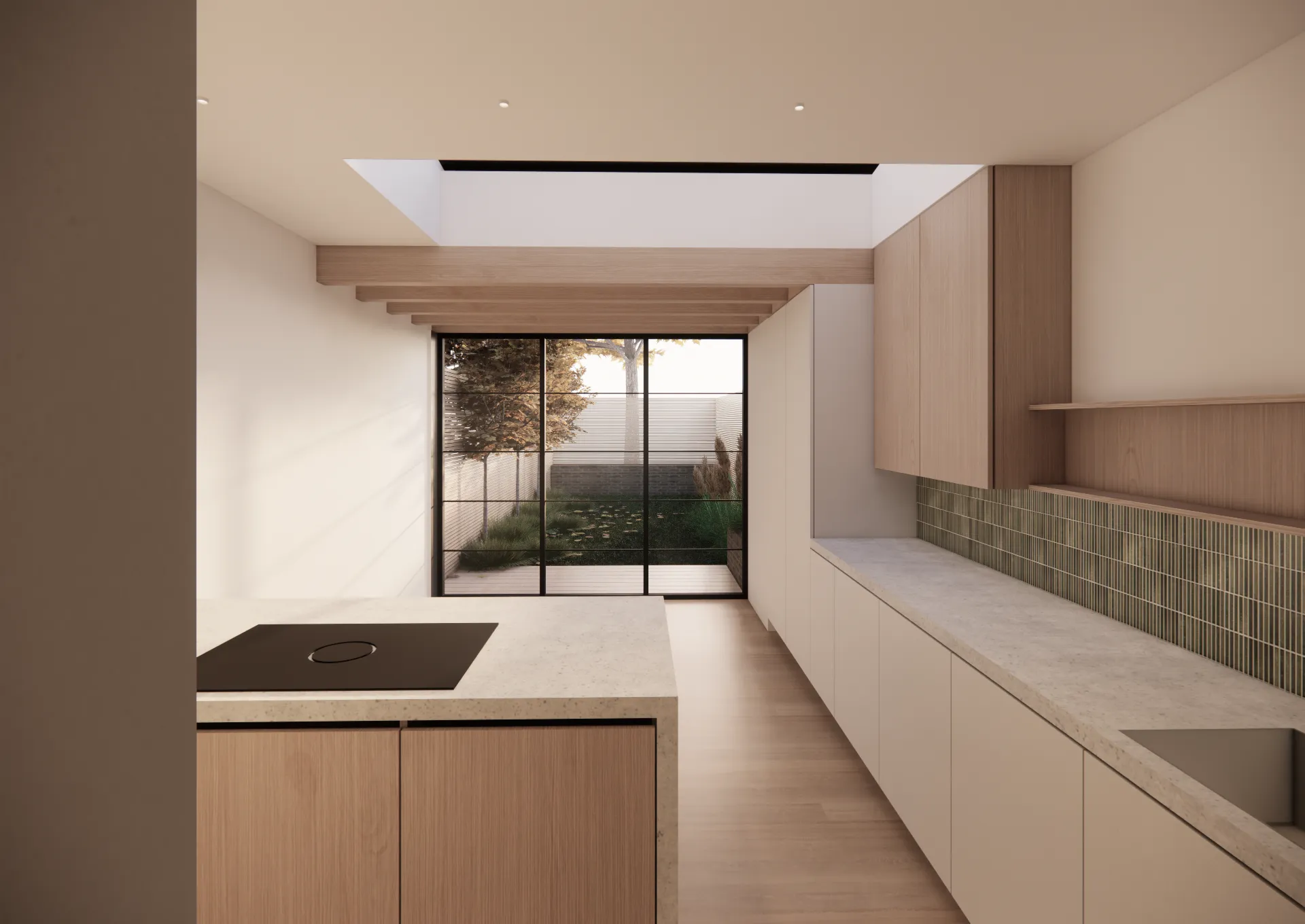 Interior view of functional and minimalist kitchen extension focused on the view to the garden