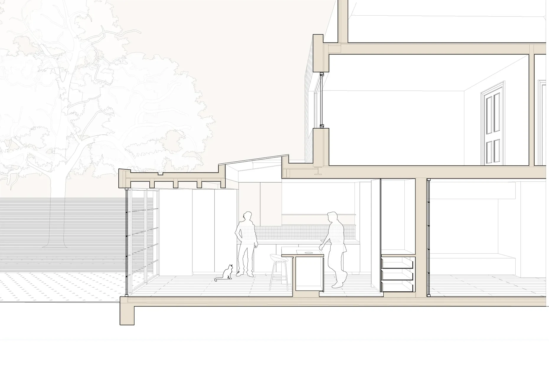 Sectional perspective showing skylight and crittall-style doors in functional and minimalist style